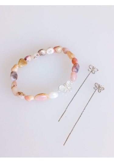 925 Ayar Gümüş Zincir Kelebek Küpe Pembe Ay Taşı Doğal Taş Kadın Bileklik Gümüş