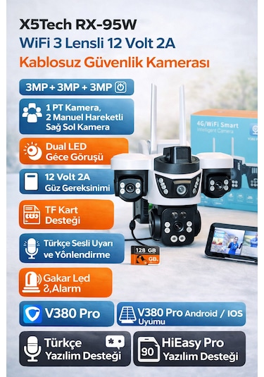 X5tech Rx-95w Wifi 3 Lensli 12 Volt 2a Kablosuz Güvenlik Kamerası