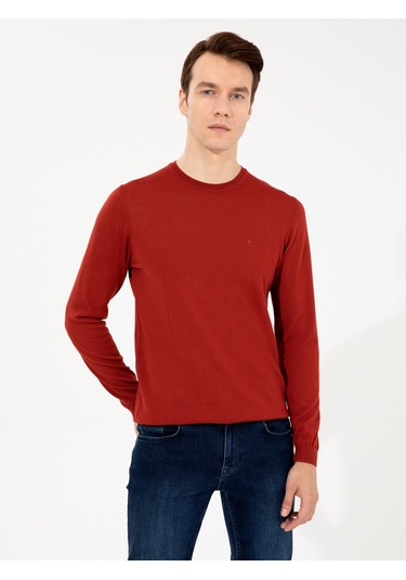 Cacharel Koyu Kiremit Slim Fit Bisiklet Yaka Basic Triko Kazak Kırmızı