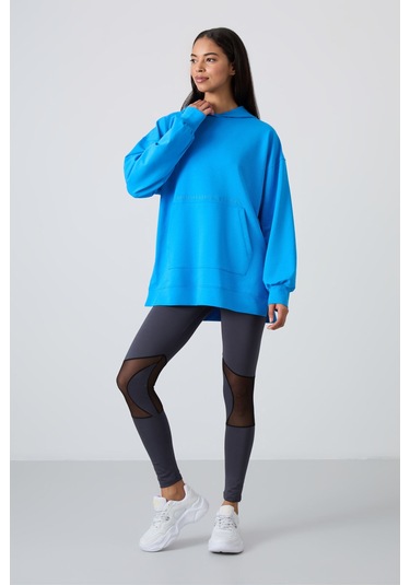 Tommy Life Mavi Balon Kol Yazı Nakışlı Kadın Oversize Tunik Sweatshirt - 97163 Mavi