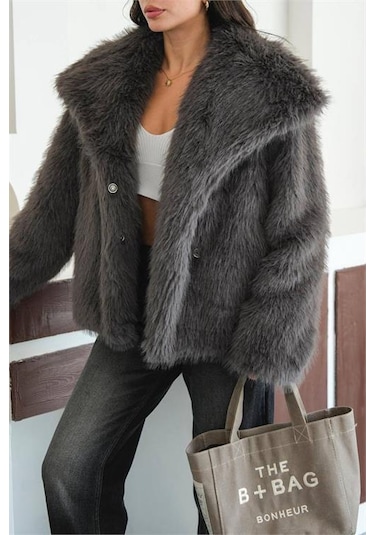 Neşeli Butik Kadın Antrasit Astarlı Kürk Kaban Nbmylk32 Antrasit