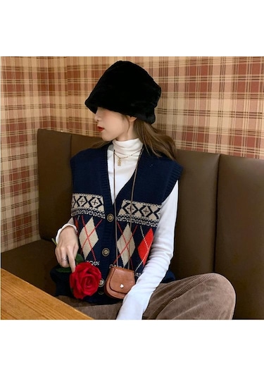 Moda V Yaka Örme Yelek Kadın Sonbahar Yeni Gevşek Montaj Vintage Hırka Kolsuz Üst Lacivert