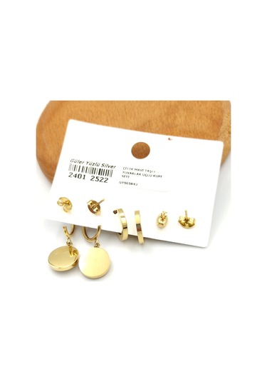 Çelik Mavi Taşlı Yuvarlak Üçlü Küpe Seti Mavi