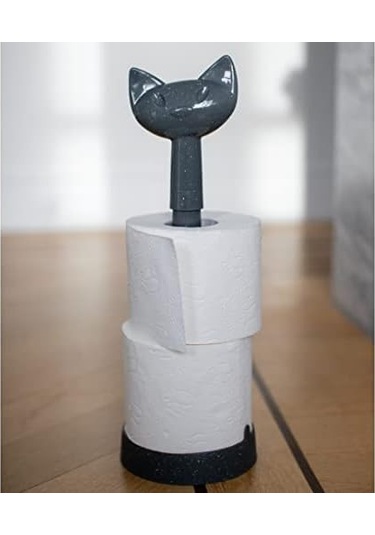 Kedi Başlıklı Gri Tuvalet Kağıdı Rulo Tutucu Siyah