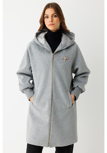 Fermuar Kapamalı Kapişonlu Kaban Gri Gri
