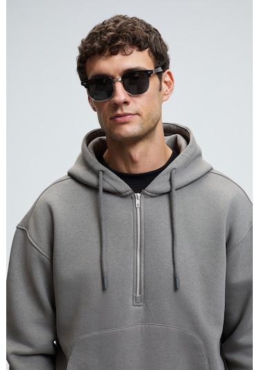 JUSTUS Erkek Kapüşonlu Kanguru Cepli Fermuar Yakalı Koyu Gri Sweatshirt