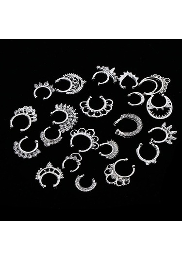 Suntek 21 Parça Kristal Sahte Septum Clicker Burun Gümüş Gümüş