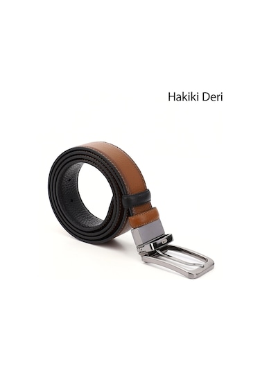 Gönderi(R) Gönderi R Siyaha Taba Hakiki Deri 3,5 Cm Çift Taraflı Klasik Kemer Siyah - Taba