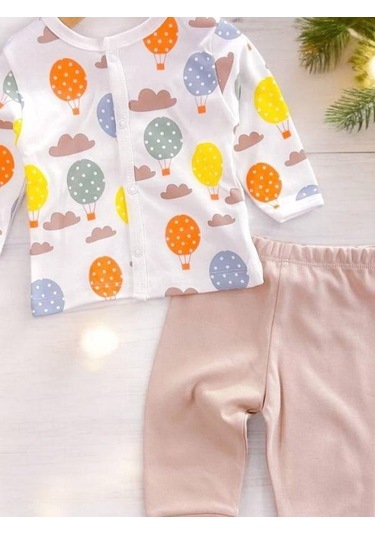 Bebek Uçan Balonlu Bulutlu Pamuklu Alt Üst Takım-15134 Vizon