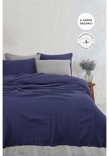 %100 Pamuk Müslin Yatak Örtüsü Tek Kişilik 4 Katlı Battaniye 2 Parça Müslin Pike Seti Lacivert Lacivert