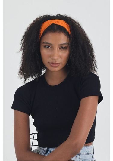 Siyah Kısa Kol Bisiklet Yaka Vücuda Oturan Kaşkorse Crop + Bandana Set %100 Pamumklu, Esnek Rahat Siyah-Turuncu