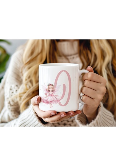 O Harfi Pembe Peri Kızı Figürlü Kupa Bardak Masalsı Çay Kahve Kupası - Kişiye Özel Hediye Beyaz