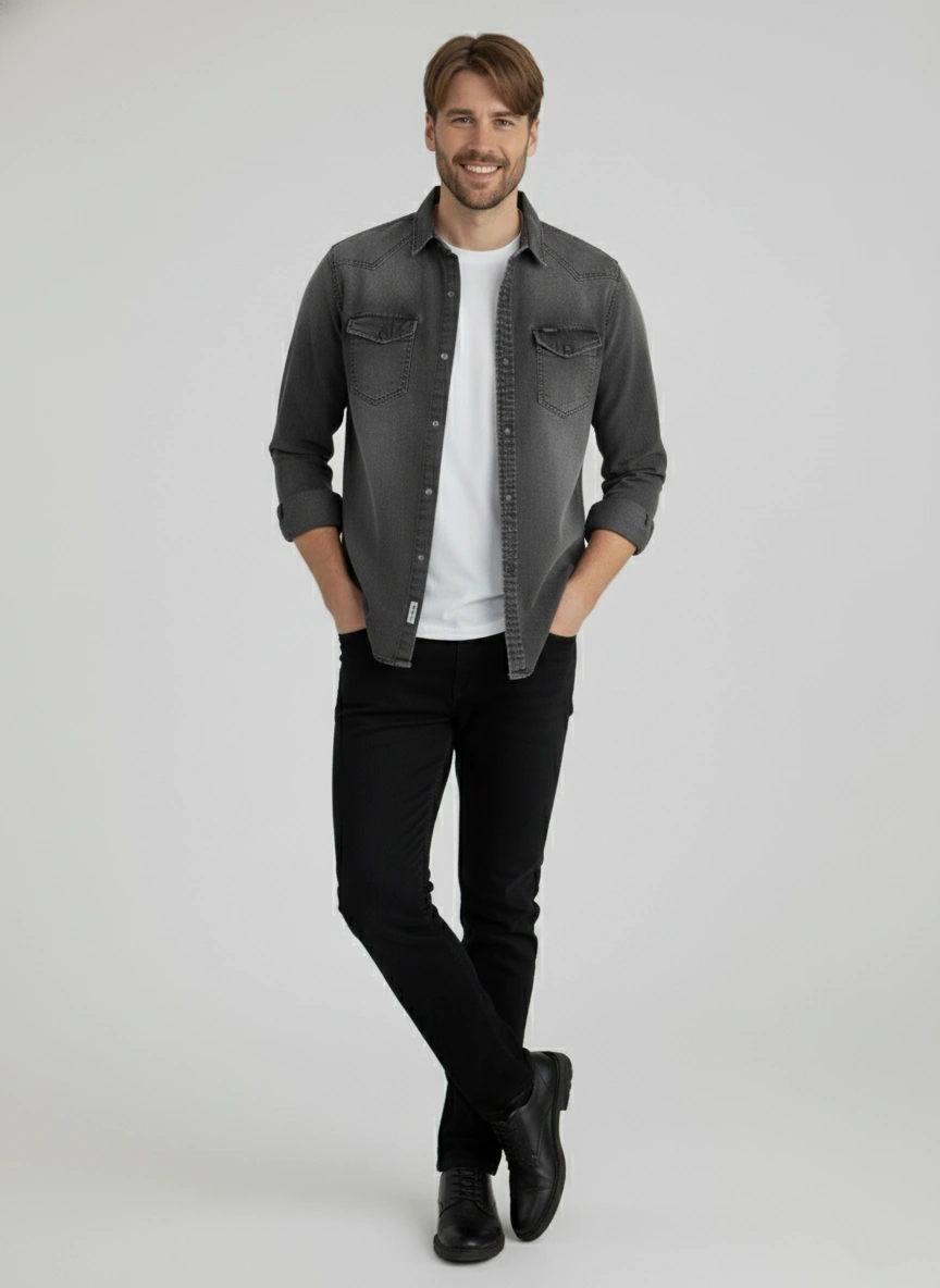 Erkek Gömlek Slim Fit Yıklamalı Kot Gömlek Füme
