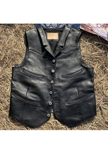 Yakalı Metal Düğmeli Yelek Hakiki Deri