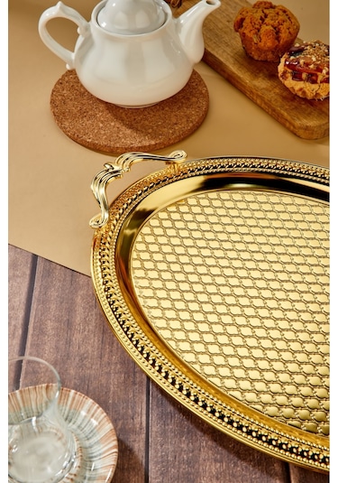 Cooker 2'li Özel Lüx Oval Paslanmaz Çelik Tepsi Büyük: 44 Cm Küçük : 37 Cm Sarı