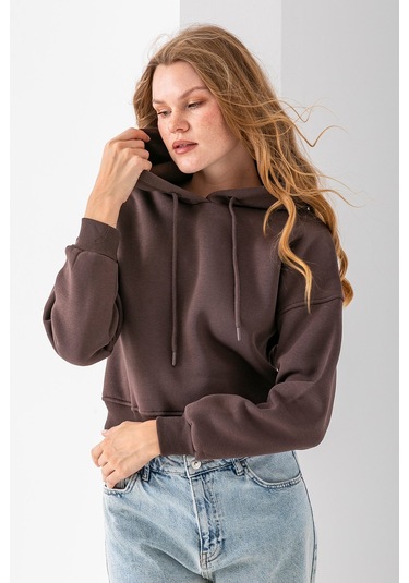 Kadın Kapüşonlu 3ip Şardonlu Crop Sweatshirt Kahverengi - 2612 Kahverengi
