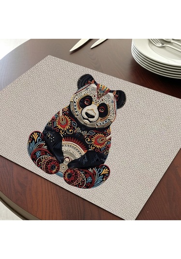 Renkli Panda Tasarımlı Amerikan Servis, Tabak Altlığı & Şık Masa Dekoru, Ev Hediyesi, 2 Adet Krem