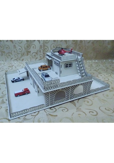 Ahşap 3 Katlı Otopark ve Gaz İstasyonu Beyaz