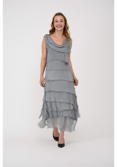 Italyan 2 Beden İnce Gösteren Kat Kat Kolsuz Ipek Elbise Koyu Gri