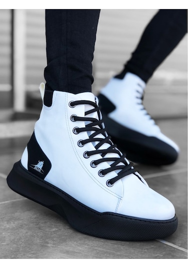 Ba0155 Beyaz Bağcıklı Erkek Siyah Yüksek Taban Spor Bot