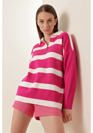 Gabria Fermuarlı Çizgili Kazak Pembe