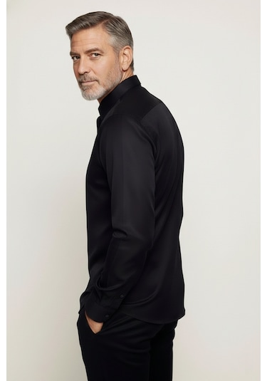 Yxc Trend Maker Slim Fit Uzun Kollu Kolay Ütü Teri Emen Nefes Alan Doku Kravatlık Dört Mevsim Erkek Gömlek Siyah