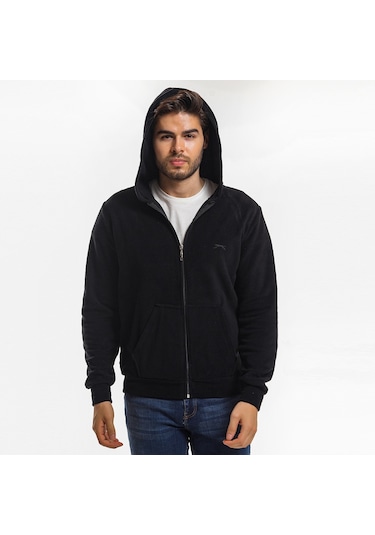 Slazenger SAMSON IN Erkek Fermuarlı Kapüşonlu Cepli Siyah Polar