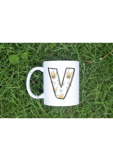 V Harfi Arı Desenli Kupa - Sevimli Hayvan Temalı Kişiye Özel Kahve Kupası - Şans Kupası Beyaz