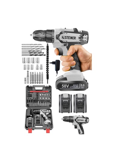 Steiner Kupfer Darbeli 58 V 5 Ah Çift Akülü Vidalama Matkap Gri + 24 Parça Set