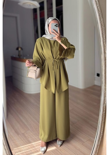 Ka Hijab Kol Detaylı Dökümlü Üçlü Takım - Yeşil