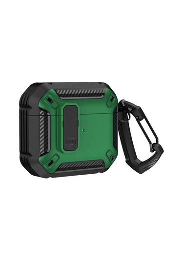 Airpods Uyumlu 3 İçin Kancalı Kalkan Darbeye Dayanıklı Kulaklık Koruyucu Kılıf Siyah Yeşil