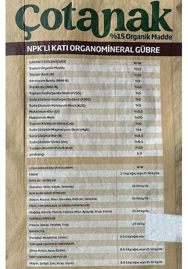 Çotanak 18 5 5 Npk'lı Organomineral Organik Gübre 25kg