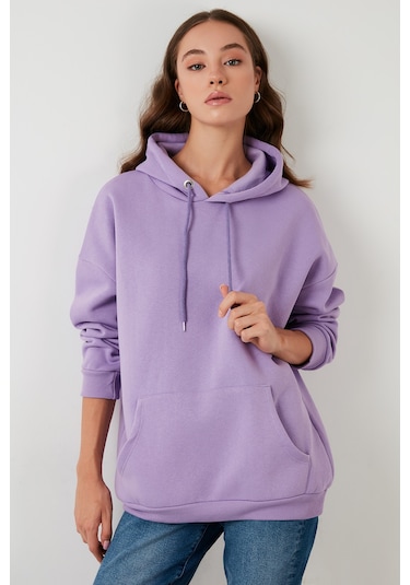 Lela Regular Fit Pamuklu Kapüşonlu Yaka Şardonlu Kışlık Bayan Sweat 5863854 Lila