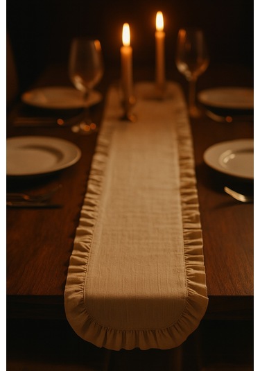 Fırfırlı Masa Runner 145x40 Cm Şık Dekoratif Masa Örtüsü Krem