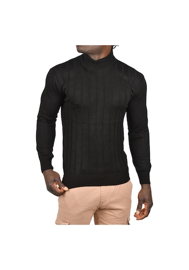 Deepsea Erkek Siyah Çizgi Desenli Tüylenme Yapmayan Yarım Balıkçı Yaka Triko Kazak 2505501 Siyah