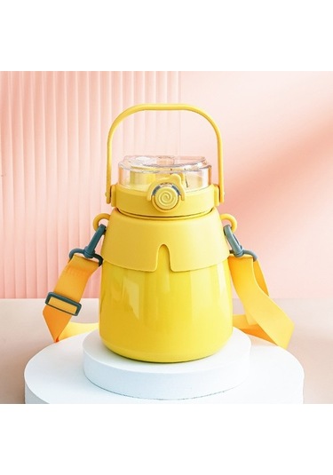 Clothing Finds Öğrenciler Için Büyük Kapasiteli 304 Paslanmaz Çelik Termos Kupa Taşınabilir Yüksek Değerli Çocuk Büyük Gözlü Sevimli Göbekli Bardak Czgl2k Sarı