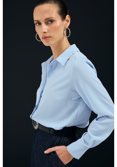 Sateen Klasik Düz Gömlek - Mavi-136996
