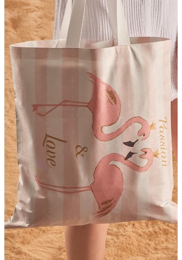 Passion Love Desen Baskılı Plaj Çantası Bej