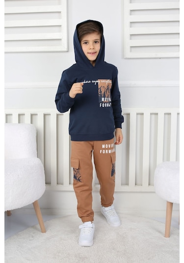 Moving Forward Kargo Cep Kapüşonlu 2 İplik Şardonlu Alt-üst Erkek Çocuk Eşofman Takımı Lacivert