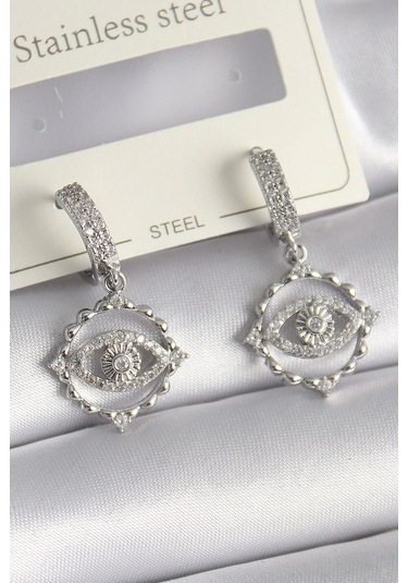 Pirinç Gümüş Renk Zirkon Taşlı Göz Model Kadın Kolye