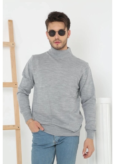 Erkek Yarım Boğaz Triko Kazak Yumuşak Dokulu Pamuklu İnce Dokuma, Uzun Kollu Rahat Regular Kalıp - G Gri