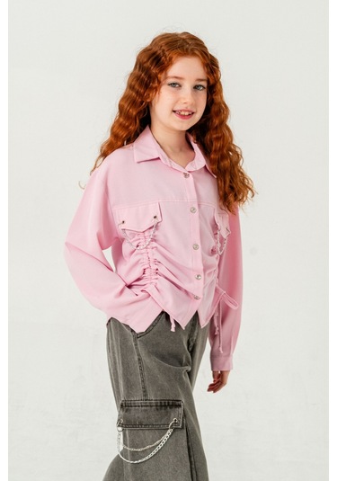 Kız Çocuk Önü Tünelli Cebi Zincirli Gömlek 3147 Pembe
