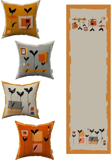 Turuncu Sarı Bohem Yaprak Desenli 4'lü Kırlent Kılıfı 1 Runner Seti 4kmbs138-rs