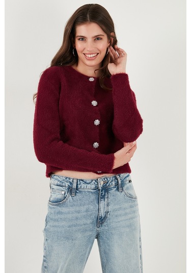 Lela Fitted Fit Bisiklet Yaka Yumuşak Dokulu Crop Bayan Hırka 4615559 Bordo