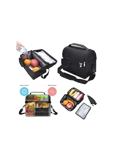 Büyük Yalıtımlı Öğle Yemeği Çantası Termal Serin Sıcak Gıda Saklama Kutusu Yetişkin Çocuk Erkekler Siyah