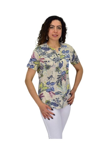 Kadın Kısa Kol Baskılı Cepli Bluz Bgl-st04699 Taş