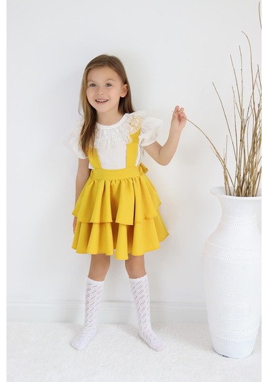 Kız Çocuk Helen Sarı Askılı Kat Kat Bağlama Jile Elbise Dantel Detay Ekru Kısa Kollu Bluz İkili Takım