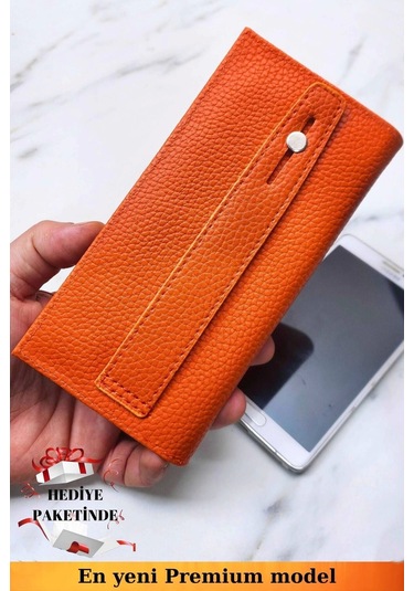Telefon Bölmeli Unisex Turuncu Cüzdan Mıknatıslı Ve El Bantlı Büyük Paraportföy El Çantası Turuncu
