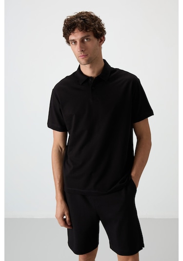 Tommy Life Siyah Pamuklu Kalın Yumuşak Dokulu Polo Yaka Oversize Fit Basic Erkek T- Shirt - 88381 Siyah