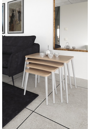 Selen 4lü Zigon Sehpa Ahşap Beyaz Ayaklı Salon Seti Çay Sehpası Sonomo